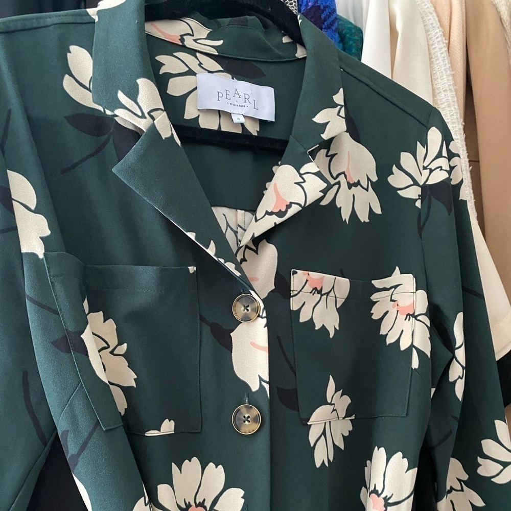 Pearl by Lela Rose- GREEN and Peach Floral Longsleeve Belted Jumpsuit - Picture 4 of 6